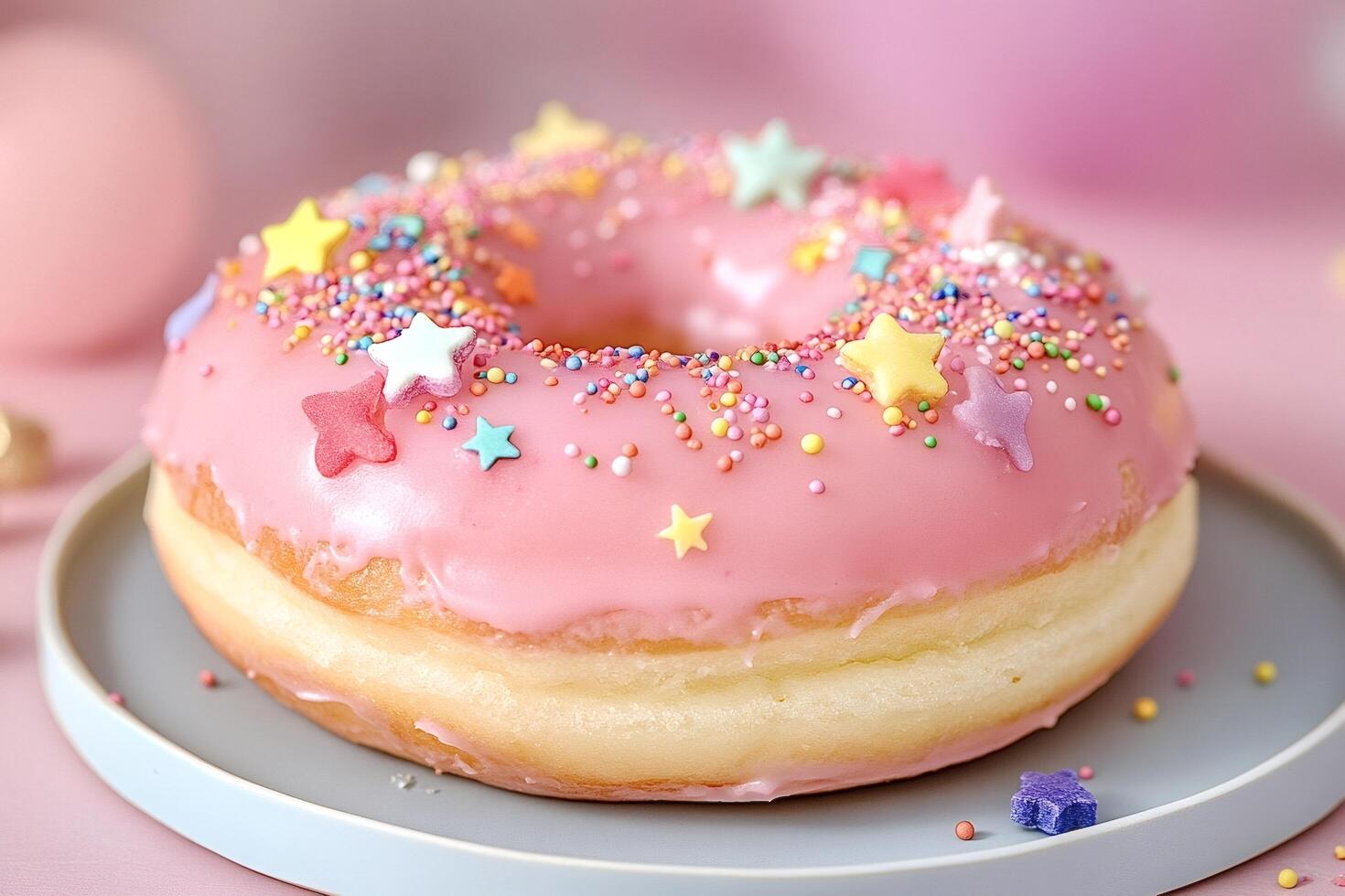 Delicious pink donut with star sprinkles on a plate photo