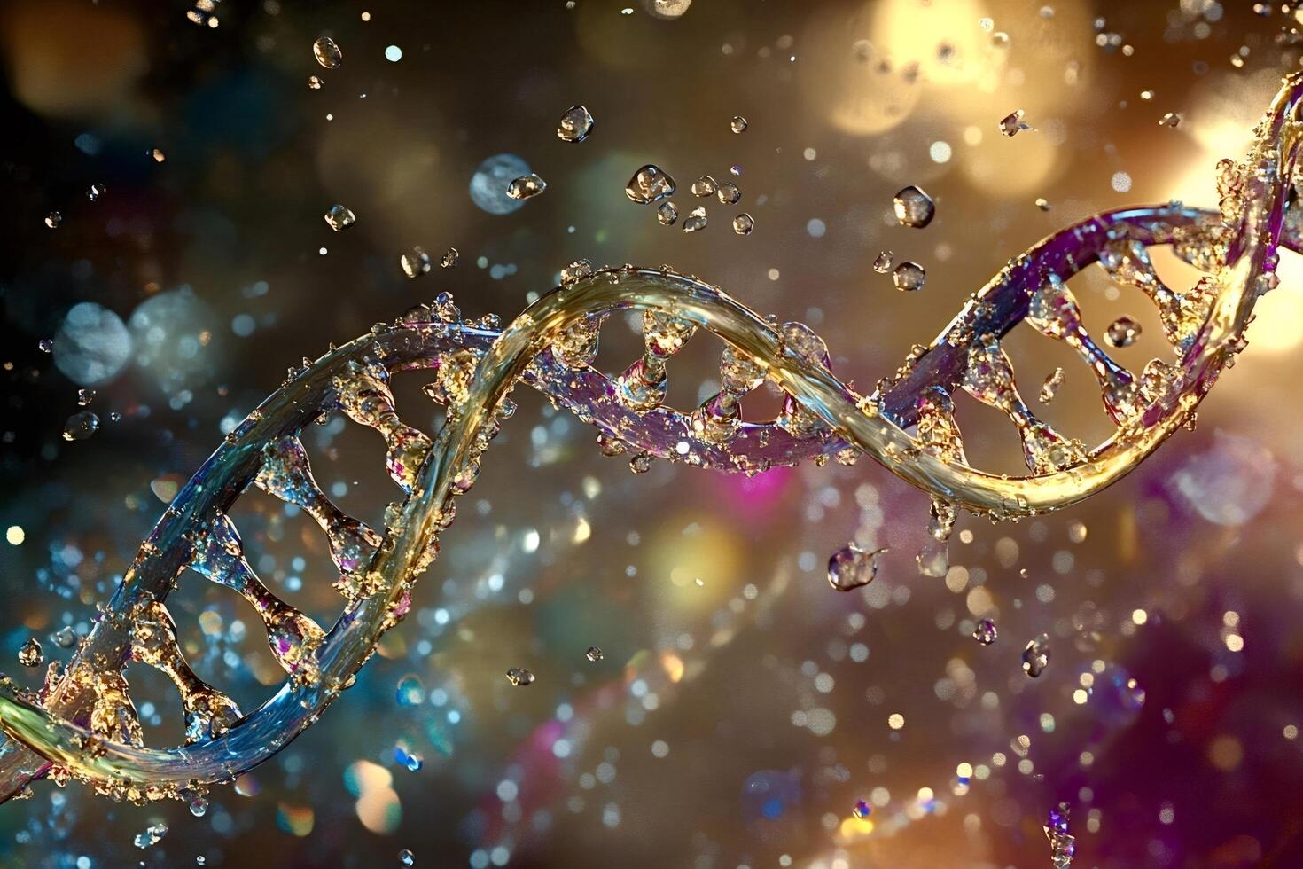 Dna structure rotating with water droplets and bokeh effect photo