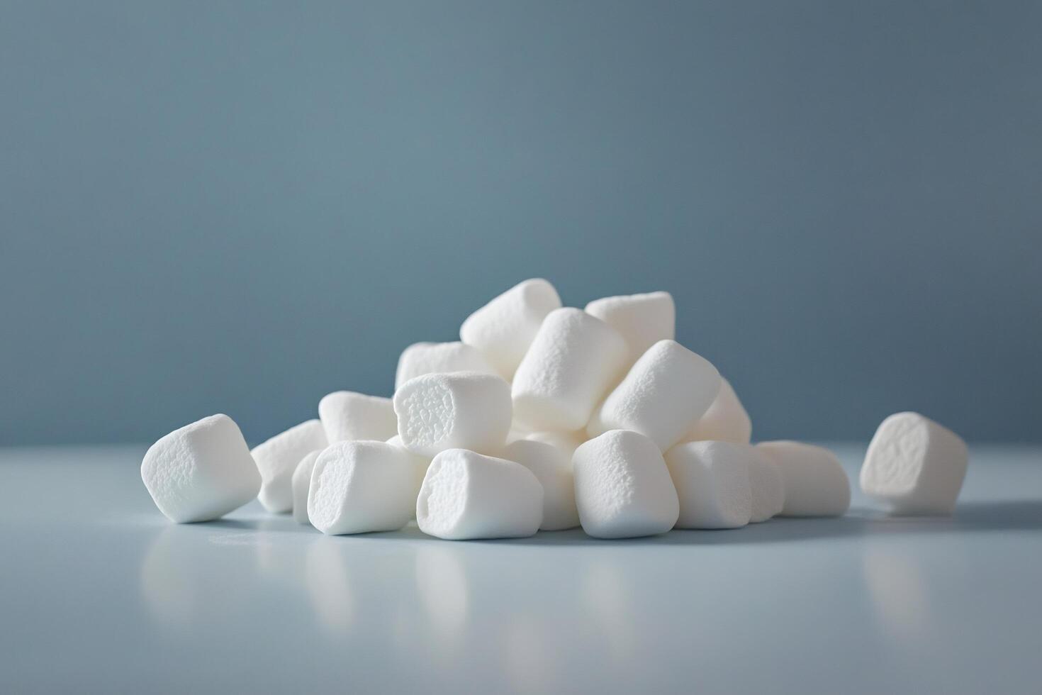 Pile of marshmallows forming a small mountain on a blue background photo