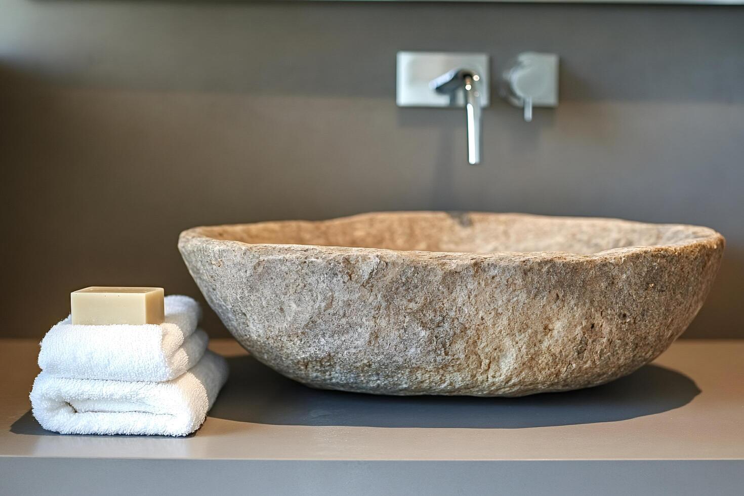 Stone sink enhancing modern bathroom design with natural aesthetics photo