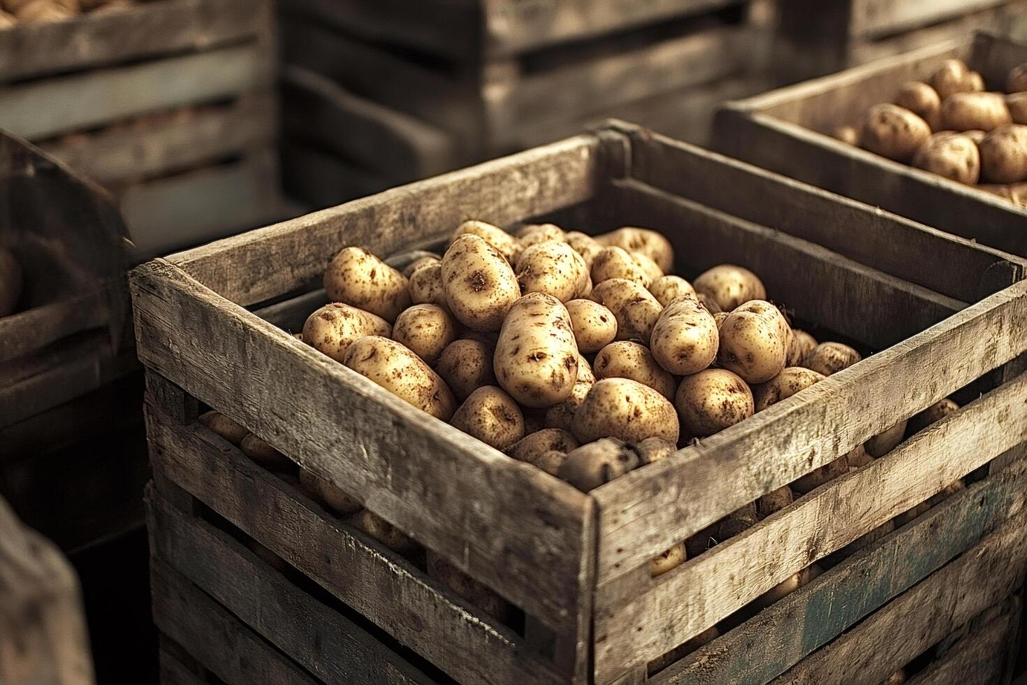 Fresh potatoes resting in rustic wooden crates at local market photo