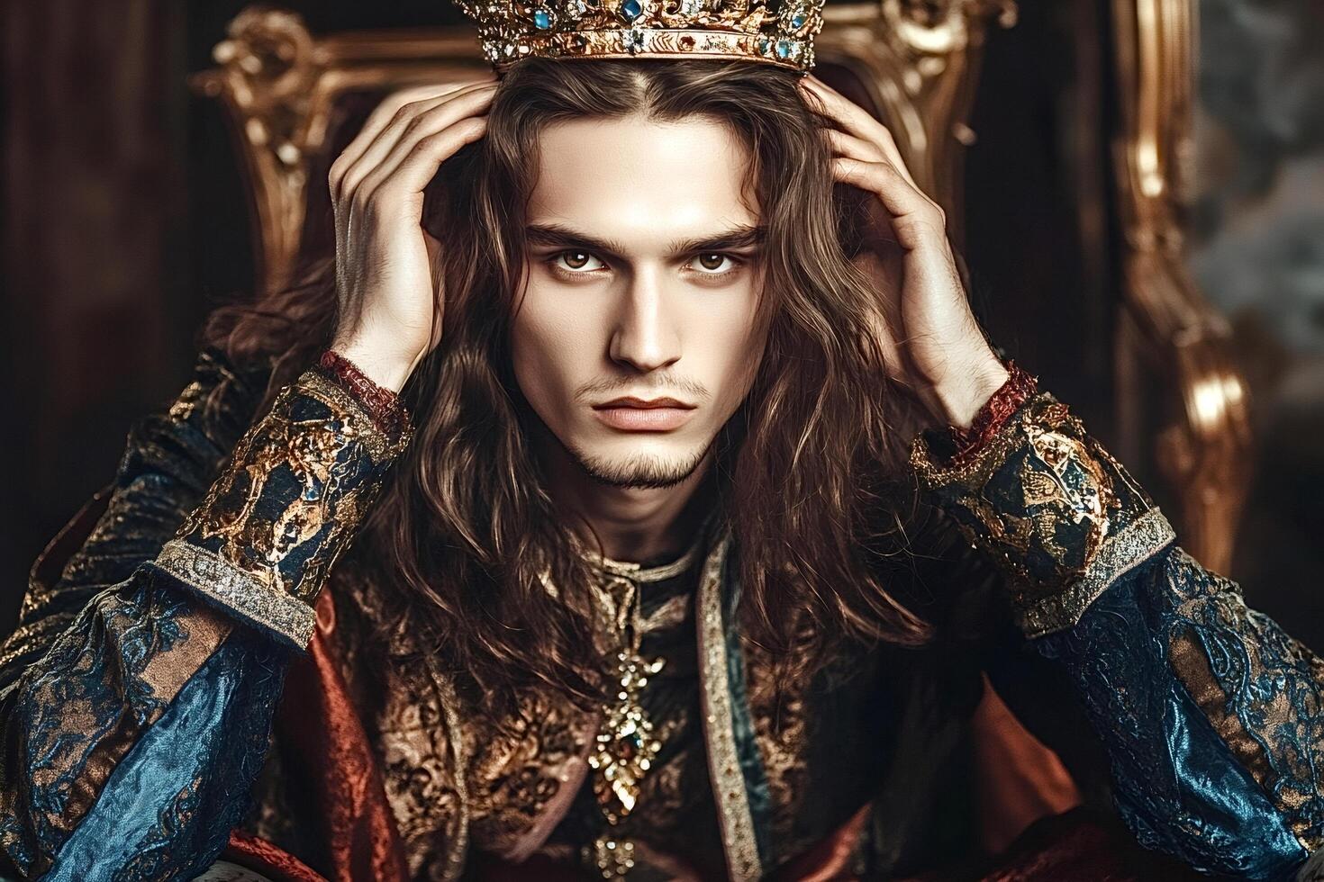 Majestic king wearing golden crown, adjusting it on throne photo