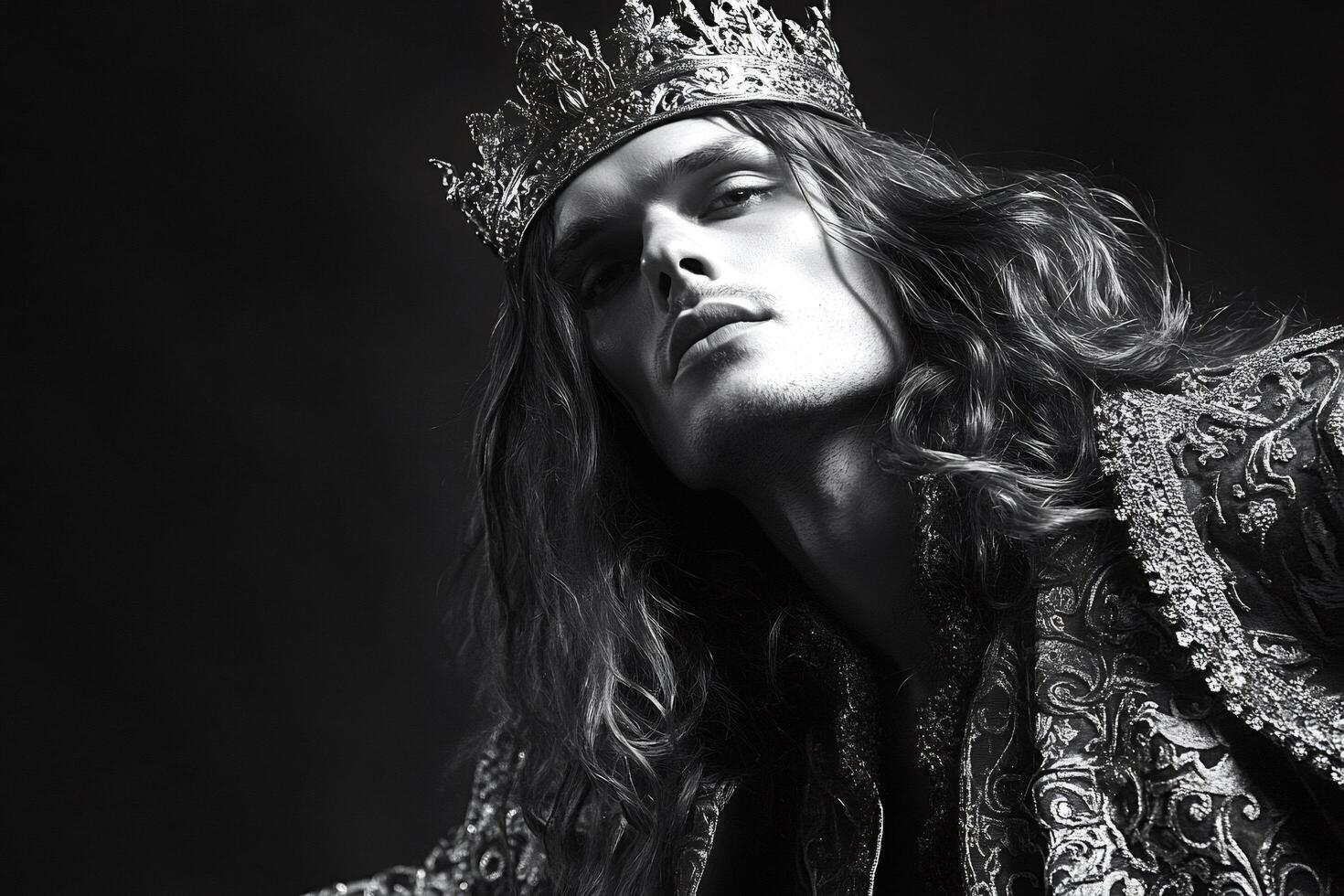 Majestic king with crown and long hair posing in black and white photo