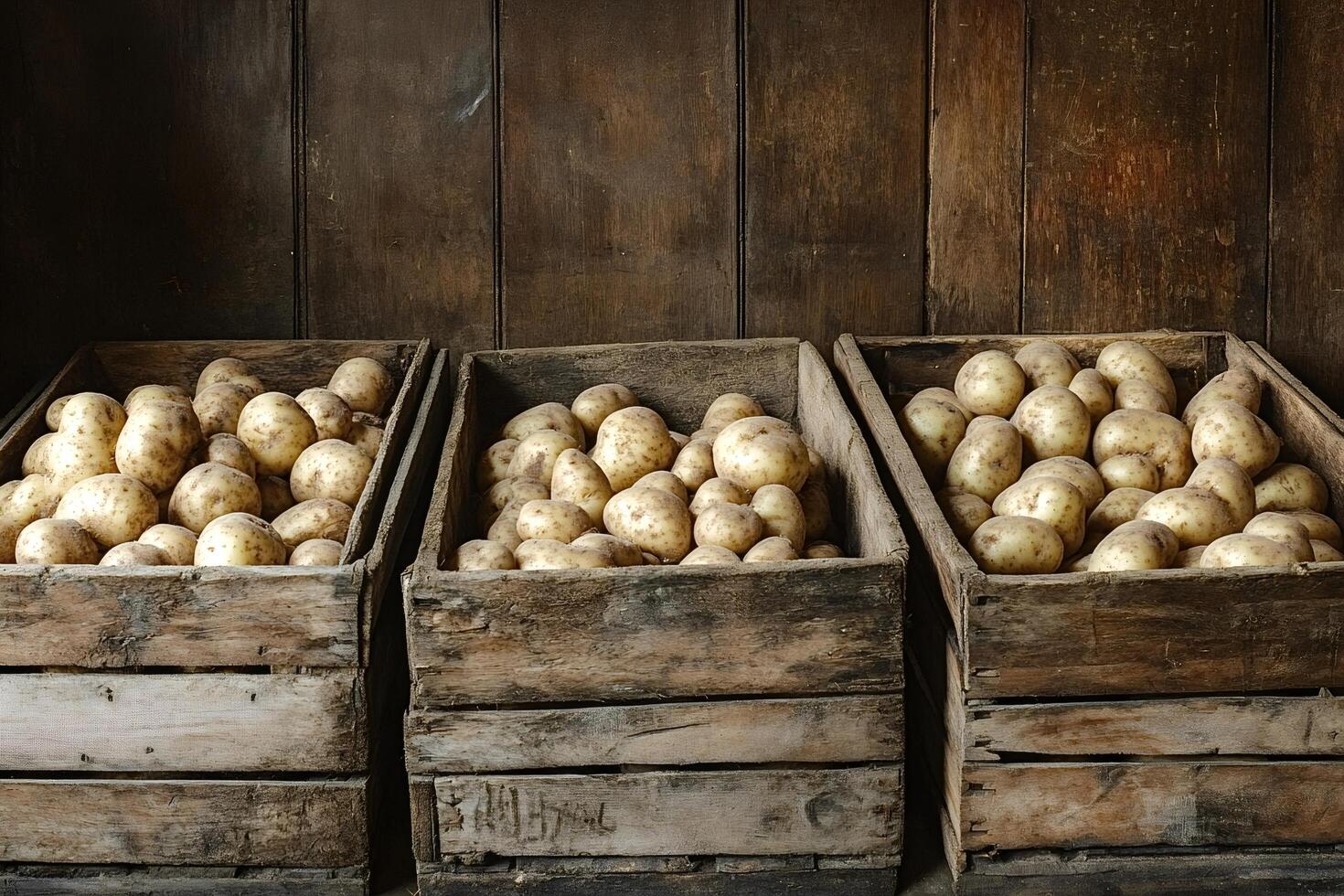 Fresh potatoes resting in wooden crates in rustic cellar photo