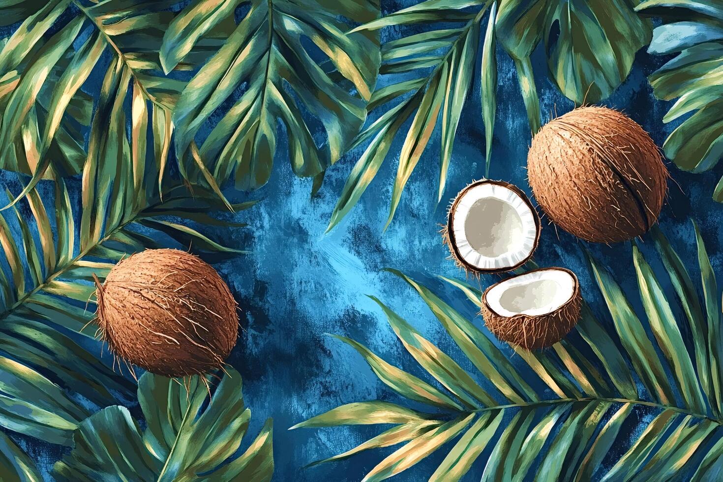 Tropical background showing coconuts and palm tree leaves on blue background photo