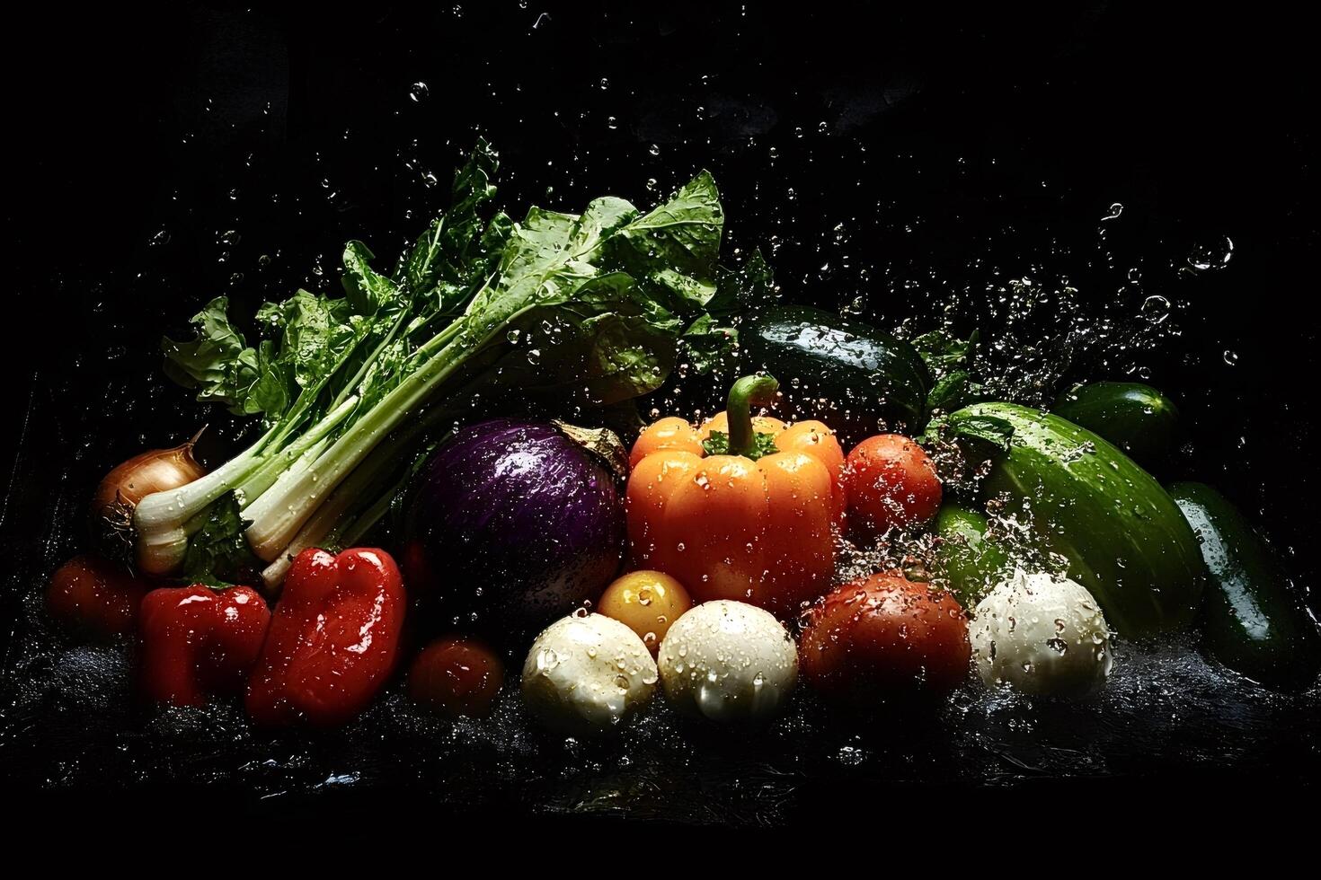 Fresh vegetables getting washed under running water on black background photo
