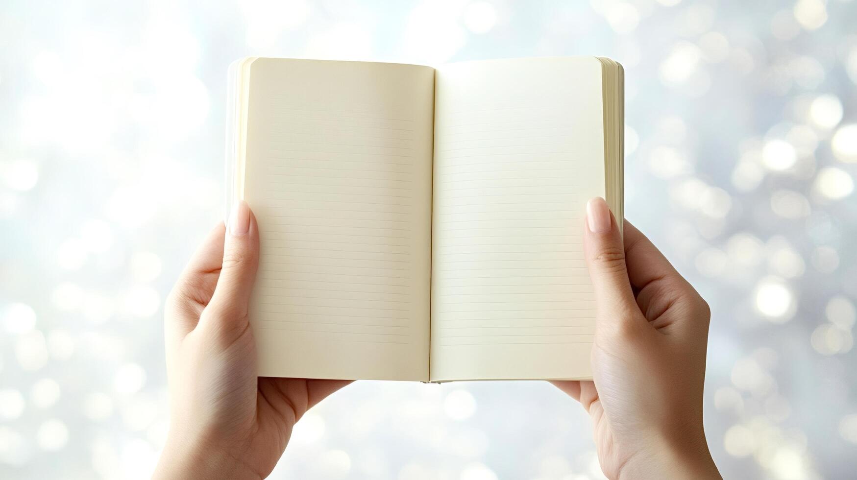 Woman holding open notebook with empty pages on blurred background photo