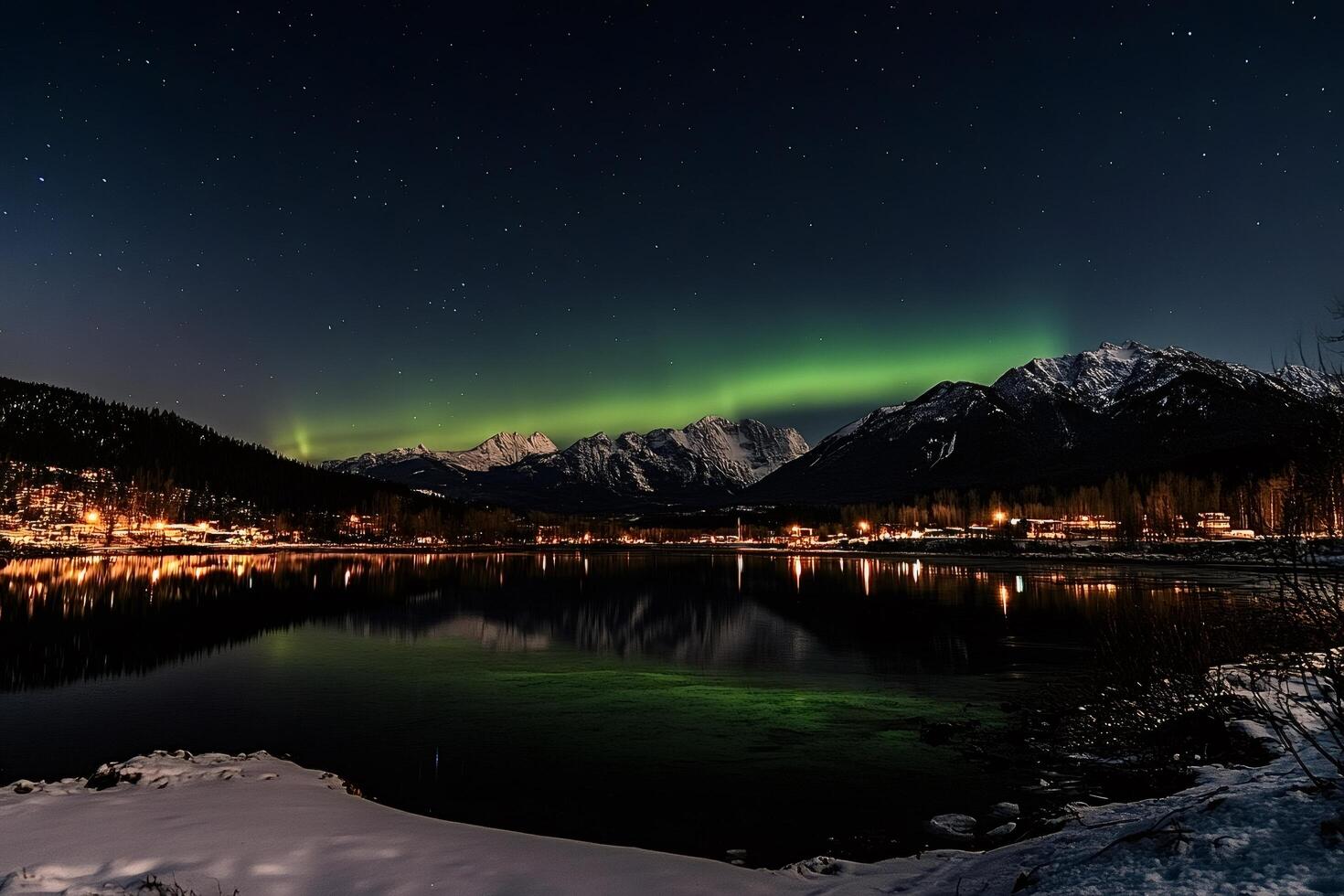 Northern lights illuminating snowy mountain and reflecting in calm lake at night photo