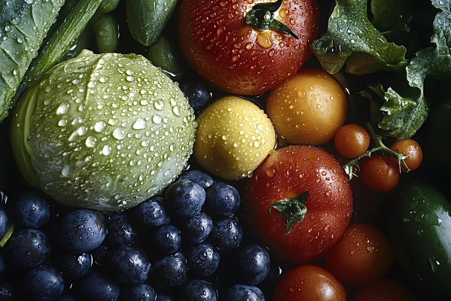 Fresh wet fruits and vegetables creating a colorful and healthy still life photo