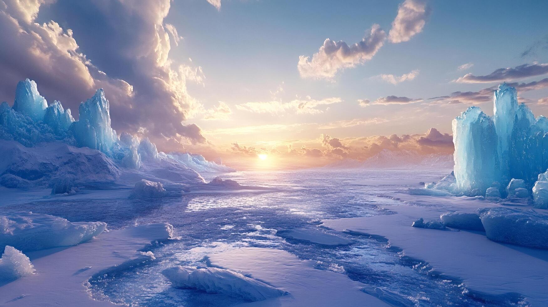 Frozen arctic ocean reflecting setting sun at dusk photo