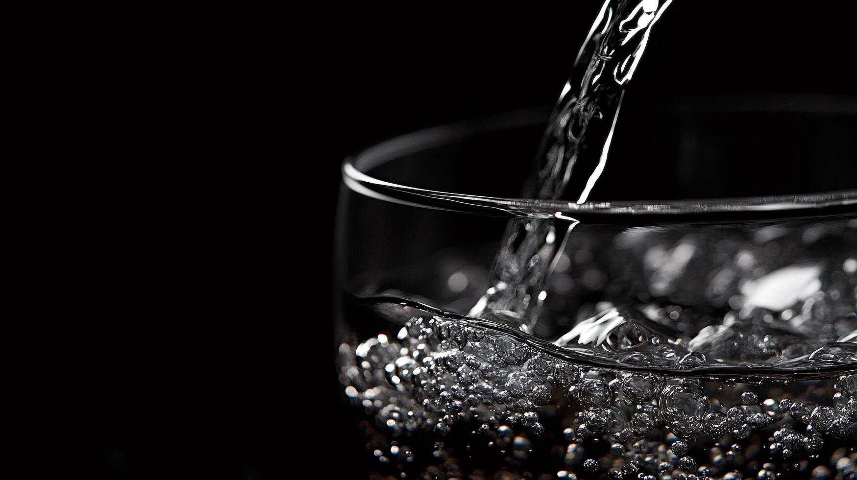 Sparkling water pouring into glass with bubbles on black background photo