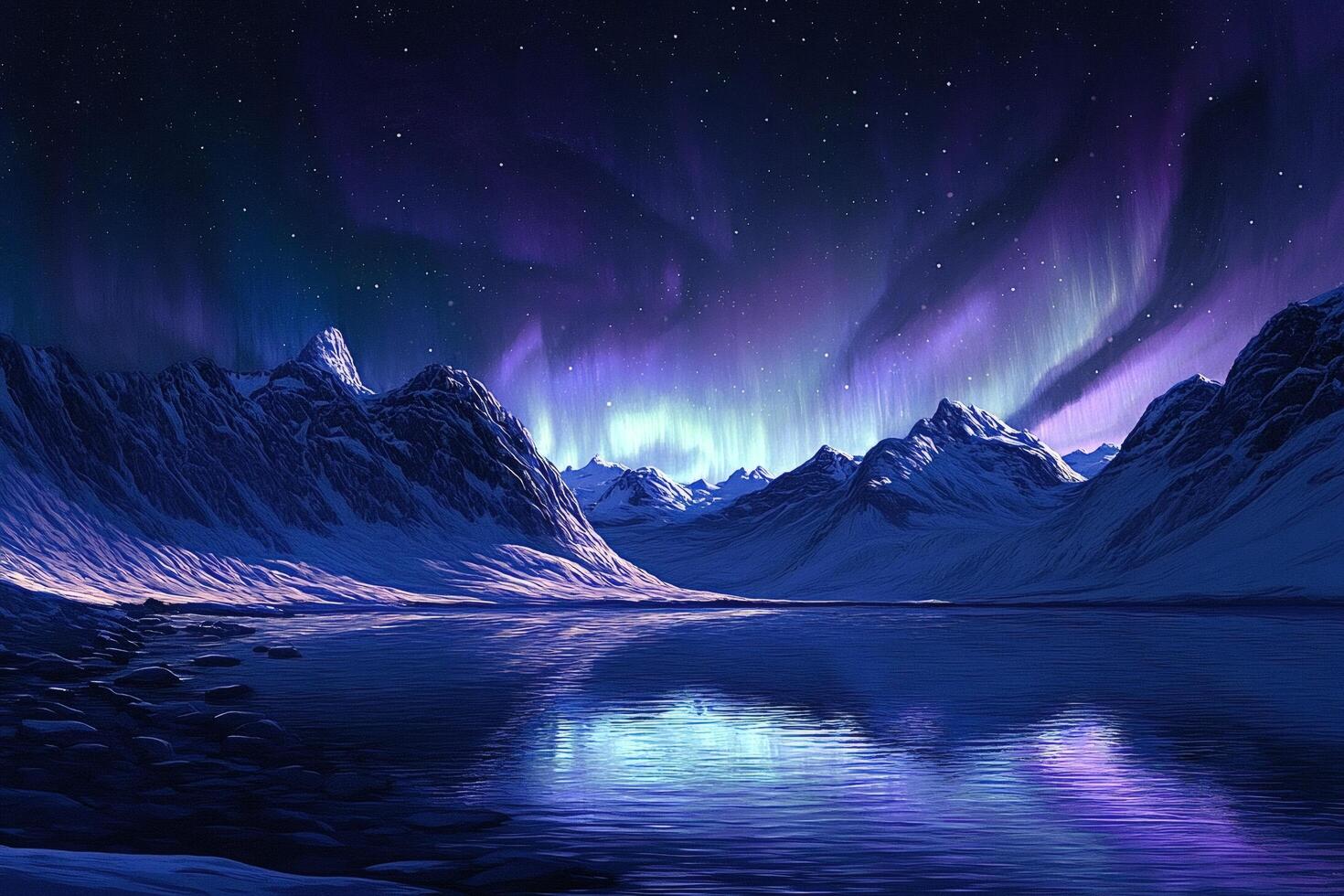 Aurora borealis illuminating snowy mountains reflecting in a calm lake at night photo