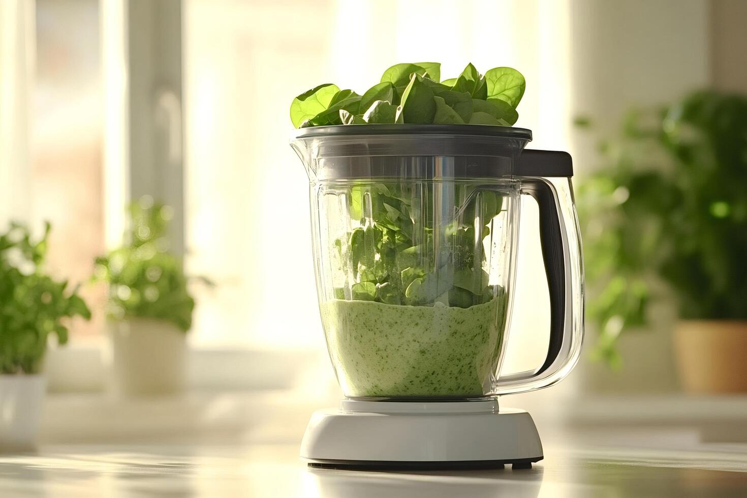 Blender making green smoothie with spinach leaves in kitchen photo