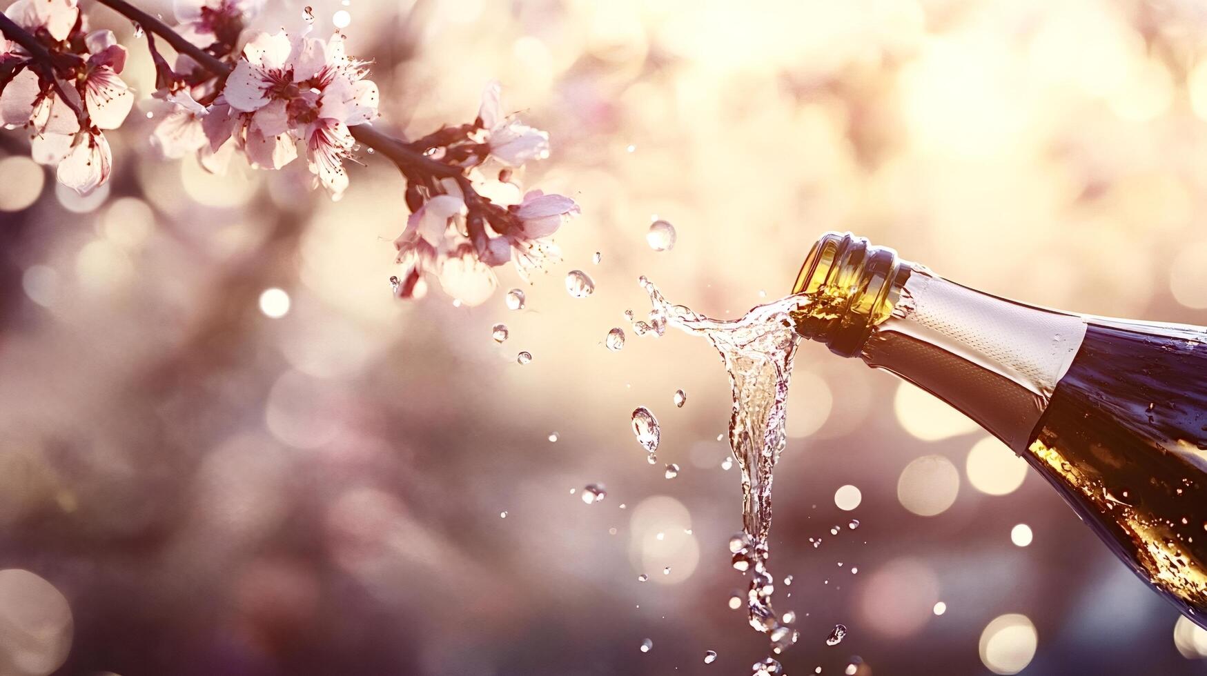 Champagne pouring from bottle near blooming tree in spring photo