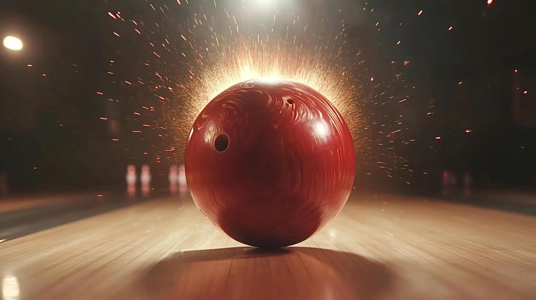 Red bowling ball speeding down the lane with sparks flying around it photo