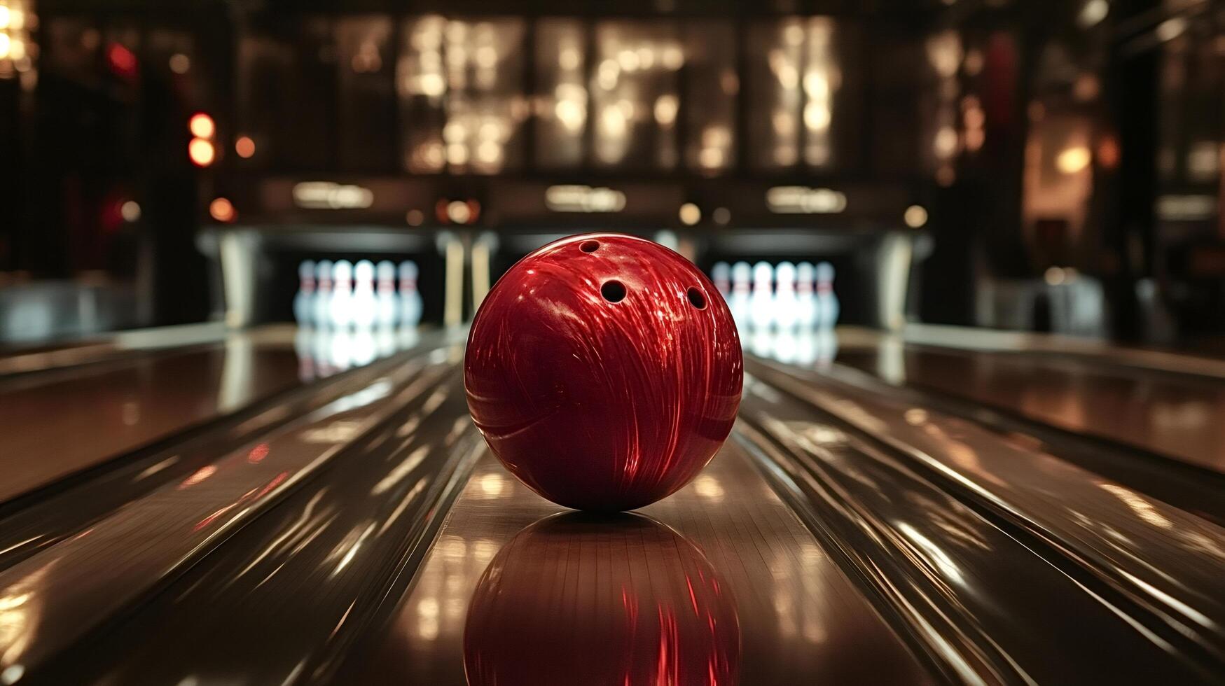 Red bowling ball lying on bowling lane approaching bowling pins in a alley photo