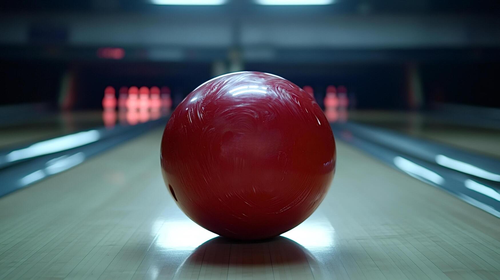 Red bowling ball lying on alley with pins in background photo