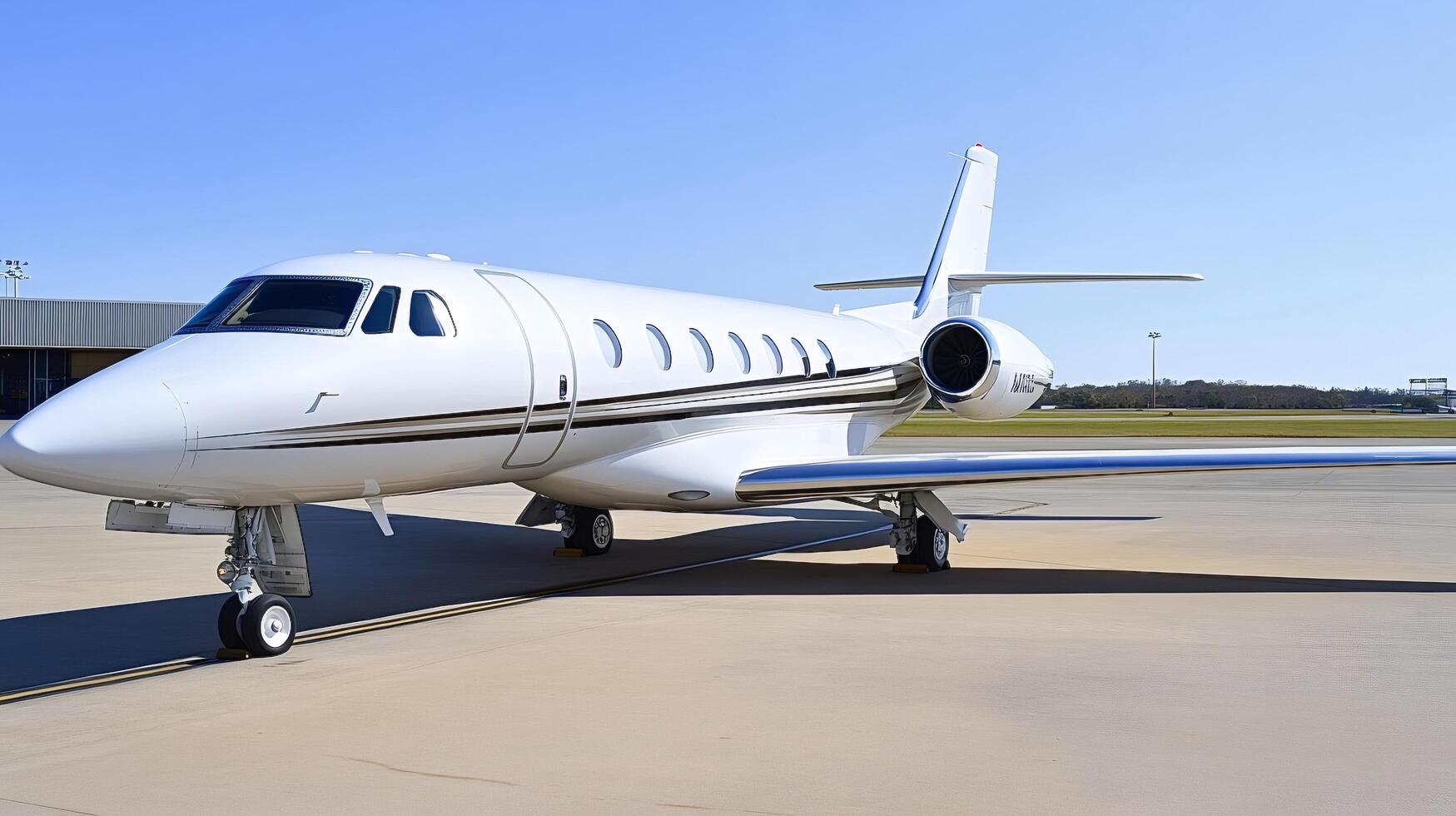 White private jet parked on tarmac at airport on sunny day photo