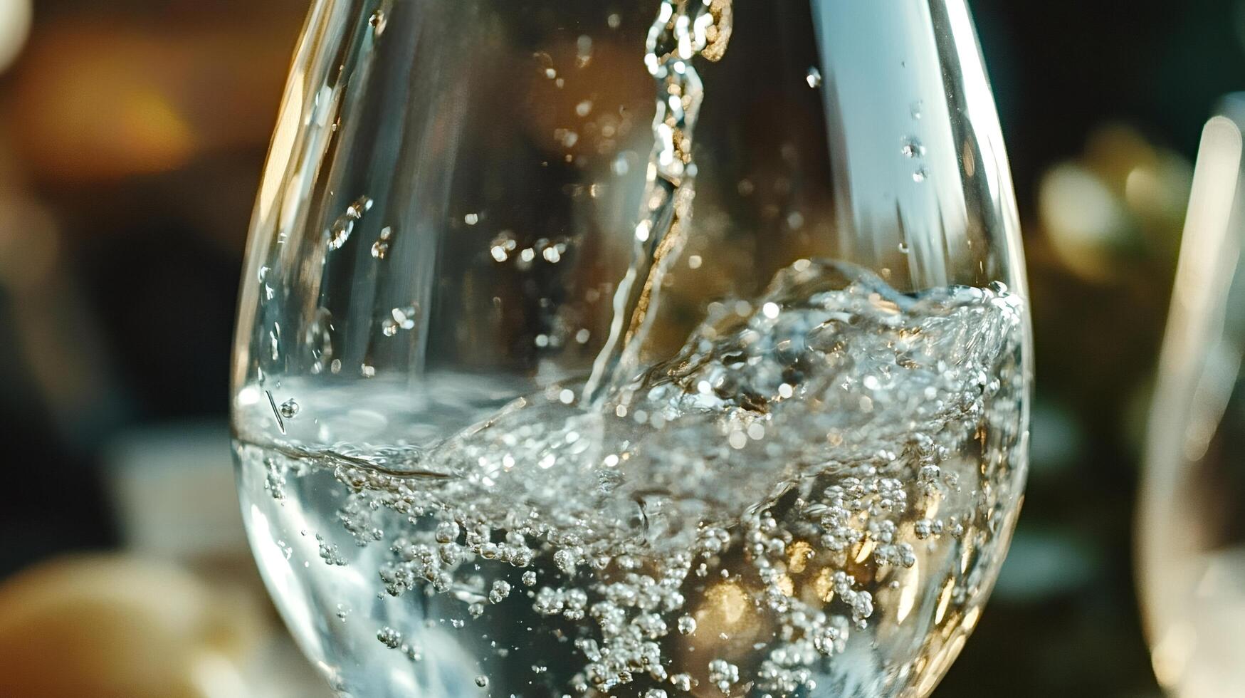 Sparkling water pouring into a glass with bubbles and splashing photo