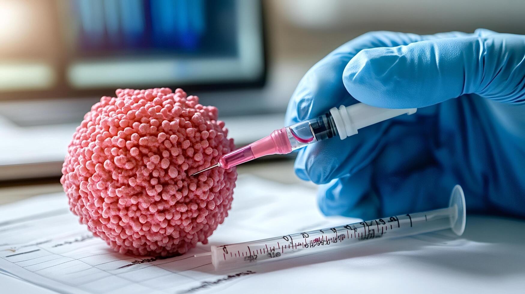 Scientist injecting vaccine into virus model in laboratory photo