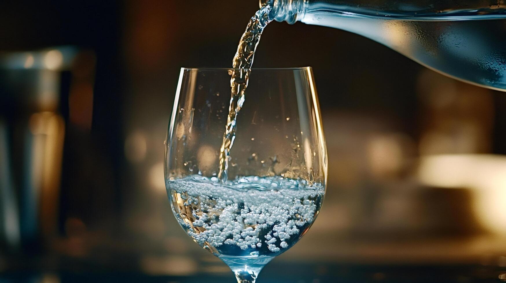 Pouring sparkling water into a wine glass in the kitchen photo