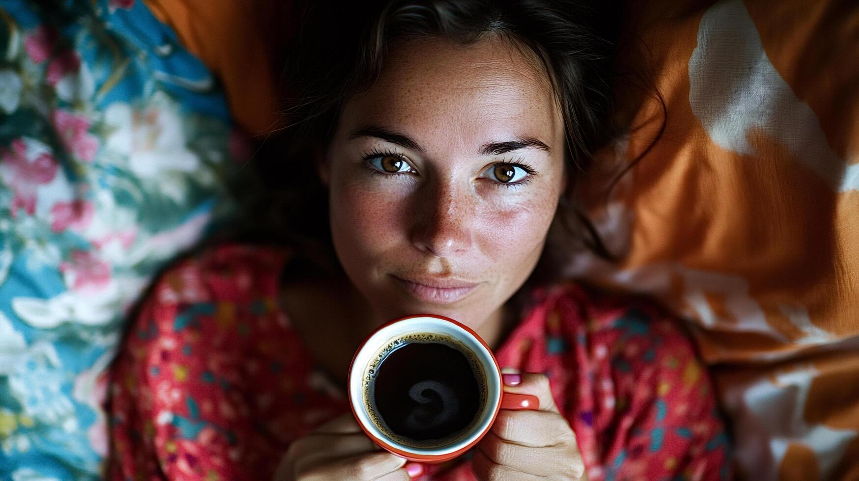 Woman lying in bed holding a cup of coffee photo