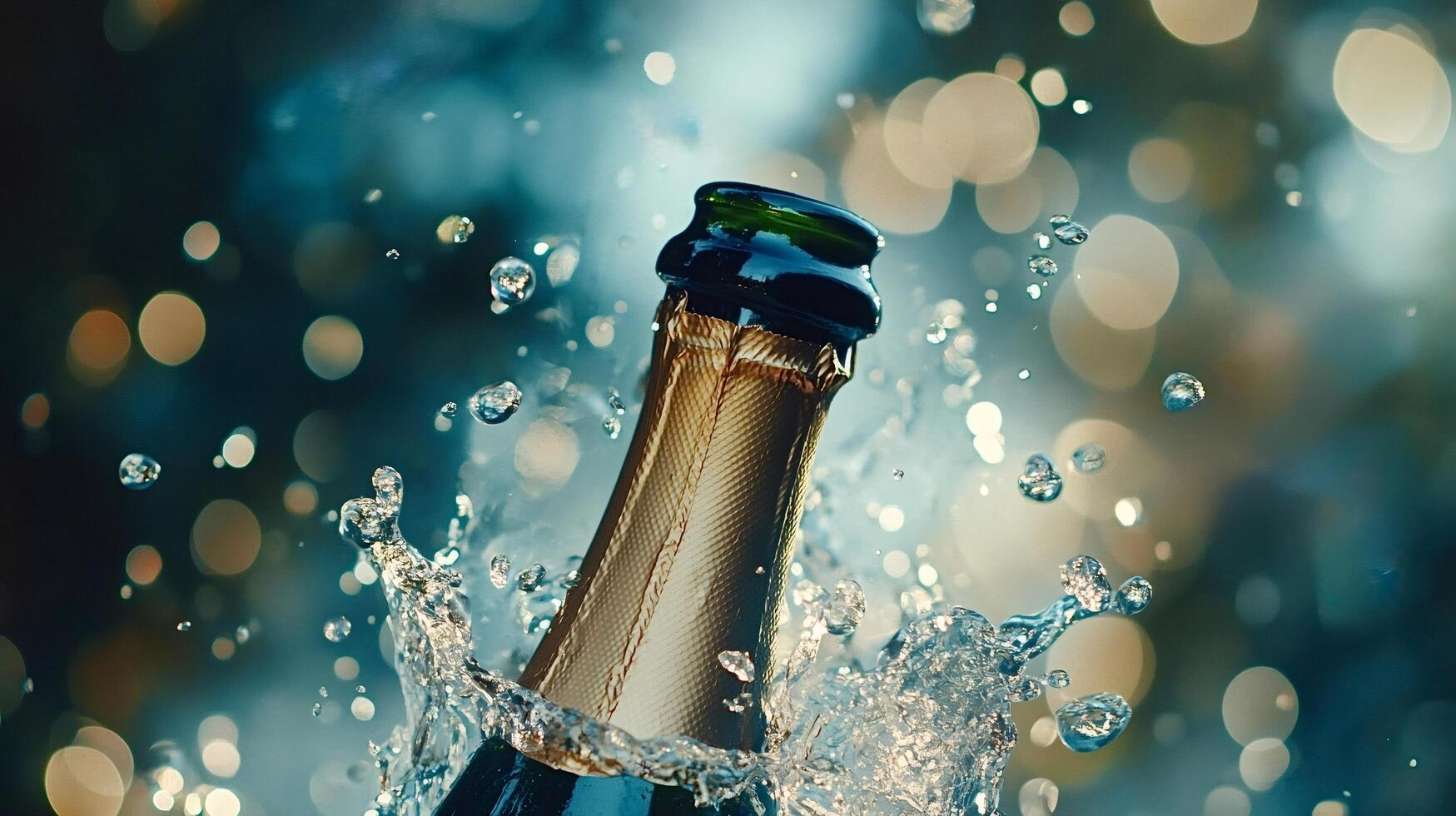Champagne bottle splashing with water on sparkling background photo