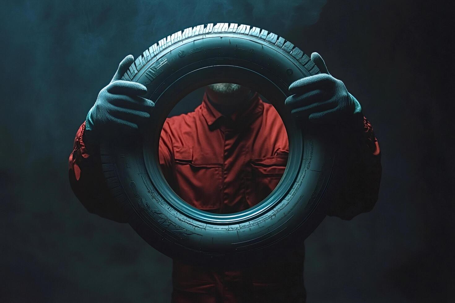Mechanic holding a tire in a smoky garage photo