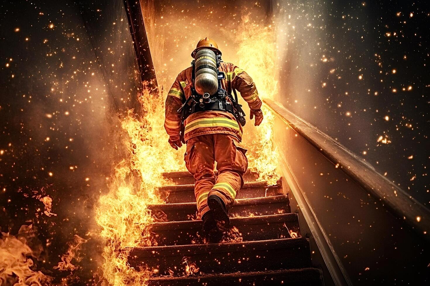 Brave firefighter climbing burning staircase during house fire rescue mission photo