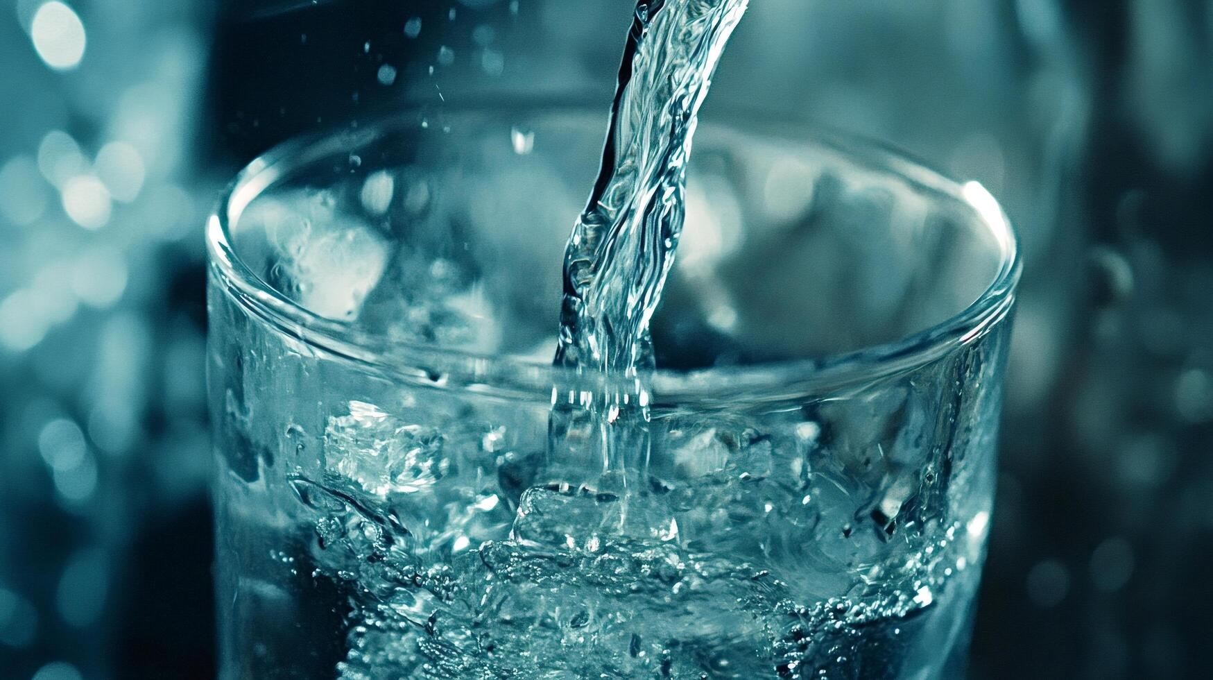 Refreshing water pouring into glass with ice cubes, creating bubbles and ripples photo