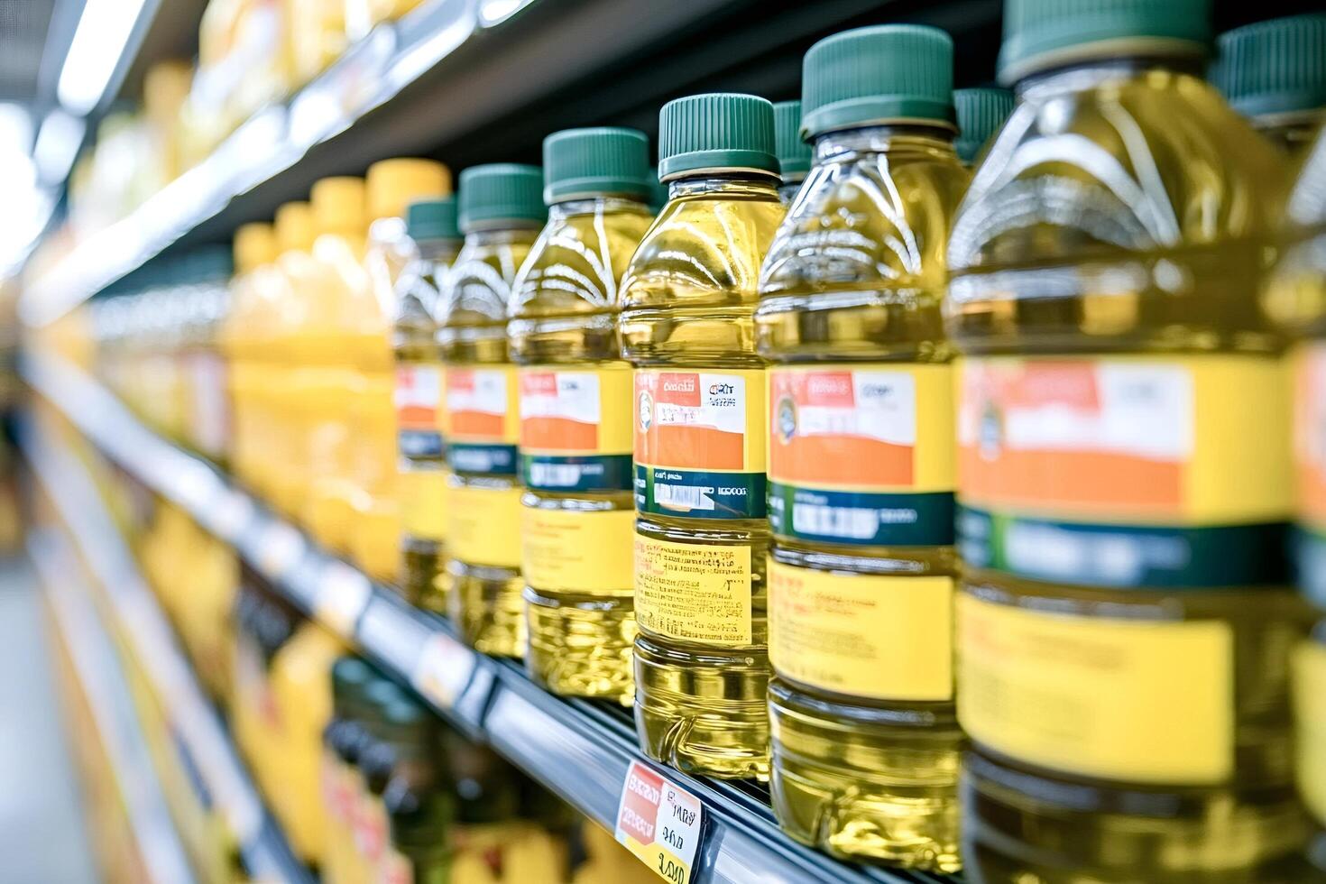 Sunflower oil bottles filling supermarket shelf displaying nutritional value photo