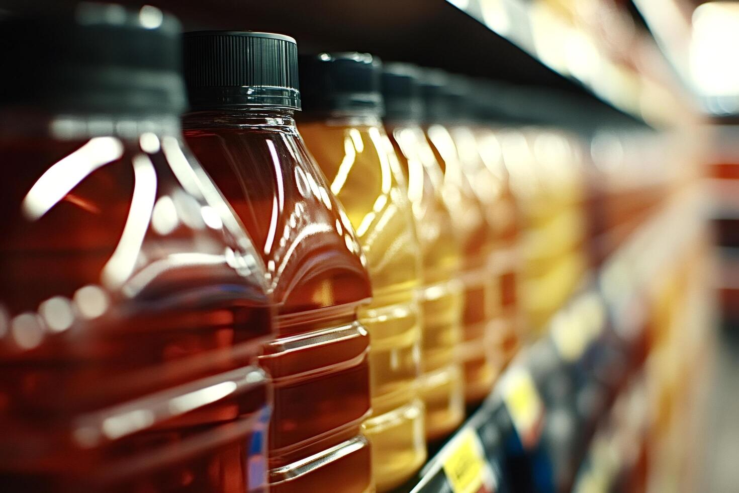 Rows of plastic juice bottles sitting on supermarket shelf photo