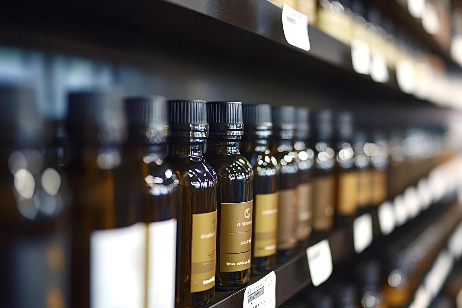 Numerous small brown bottles filling shelves in modern pharmacy photo