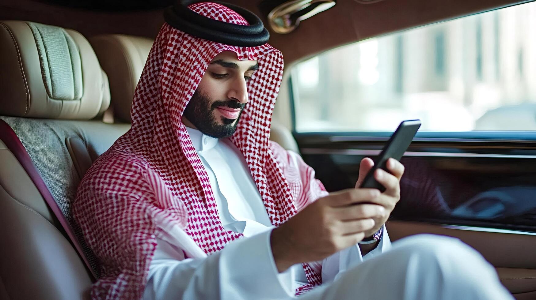Arab businessman using smartphone while traveling in luxury car photo