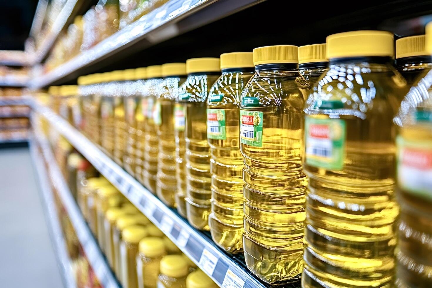 Bottles of cooking oil filling supermarket shelf displaying abundance photo