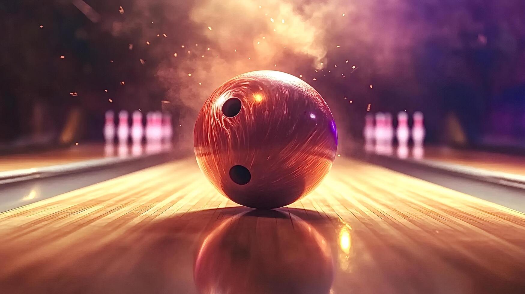 Bowling ball rolling down the lane toward pins photo
