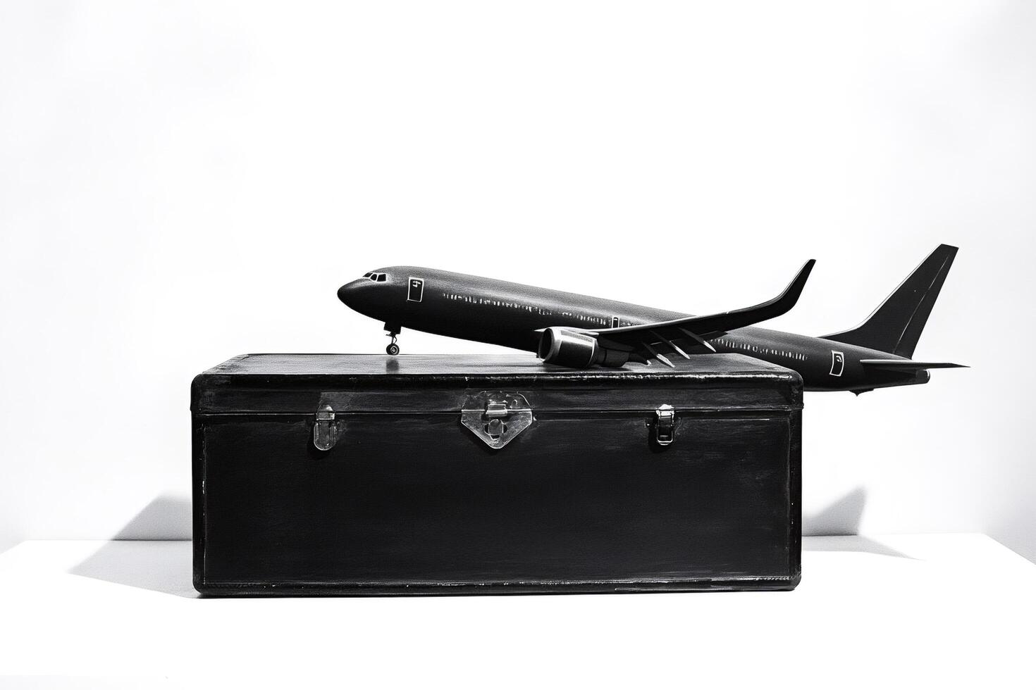 Toy airplane taking off from vintage suitcase symbolizing travel and adventure photo