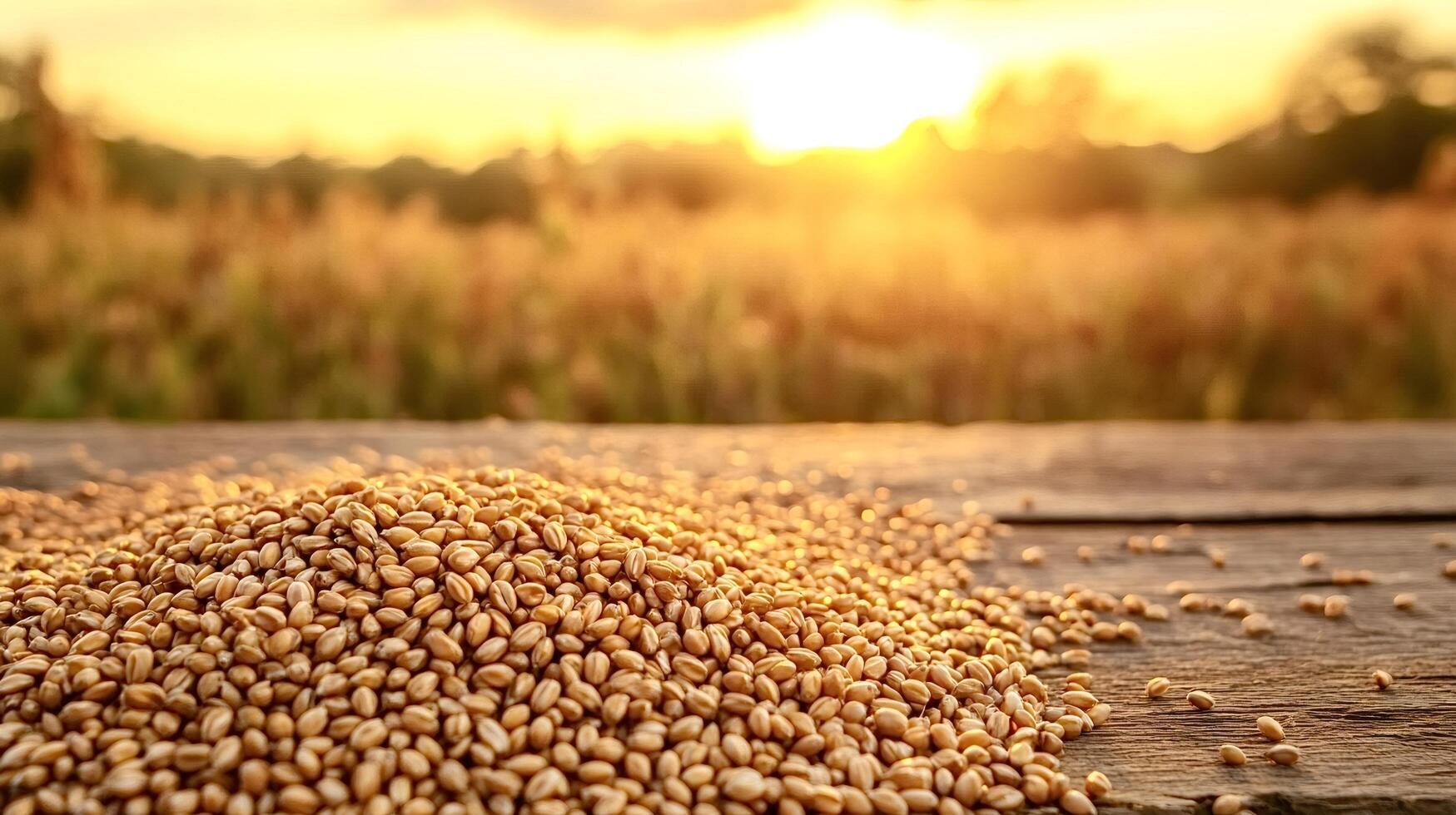 Wheat grains resting on a wooden surface at sunset in a golden field photo