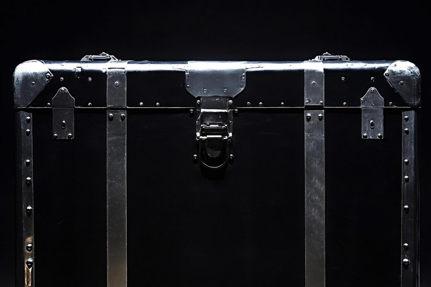 Black metal trunk with silver bands and rivets on dark background photo