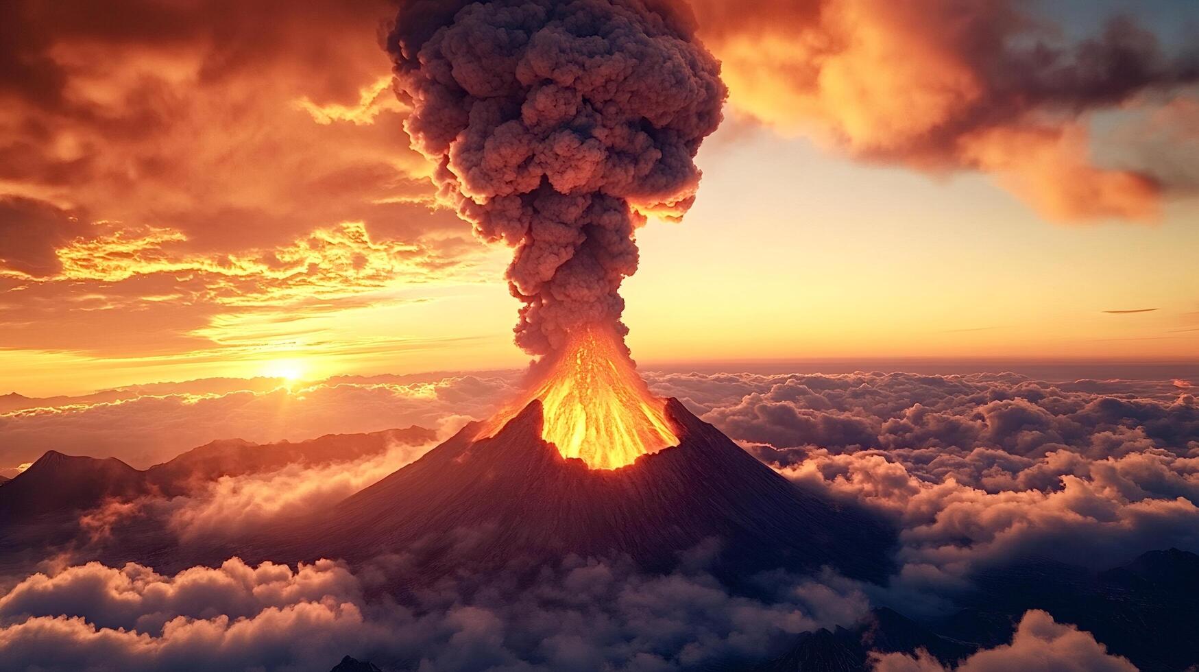 Volcano erupting with lava and smoke at sunset photo