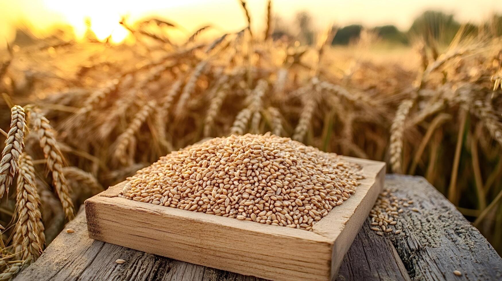Wheat grains in wooden box with field in background at sunset photo
