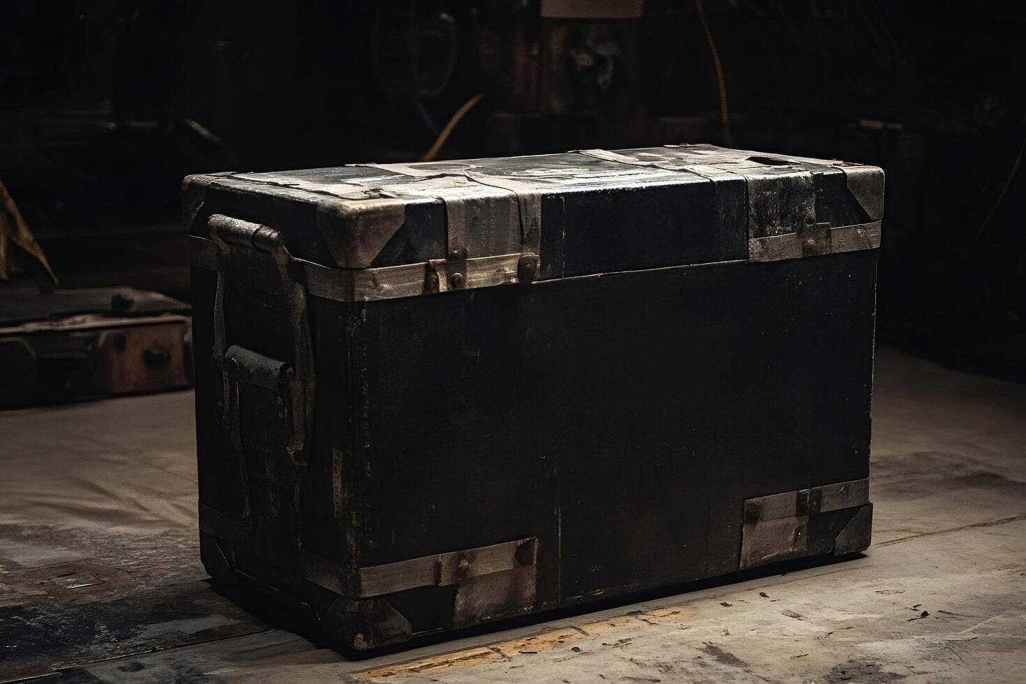 Old black chest resting on dusty floor in dark room photo