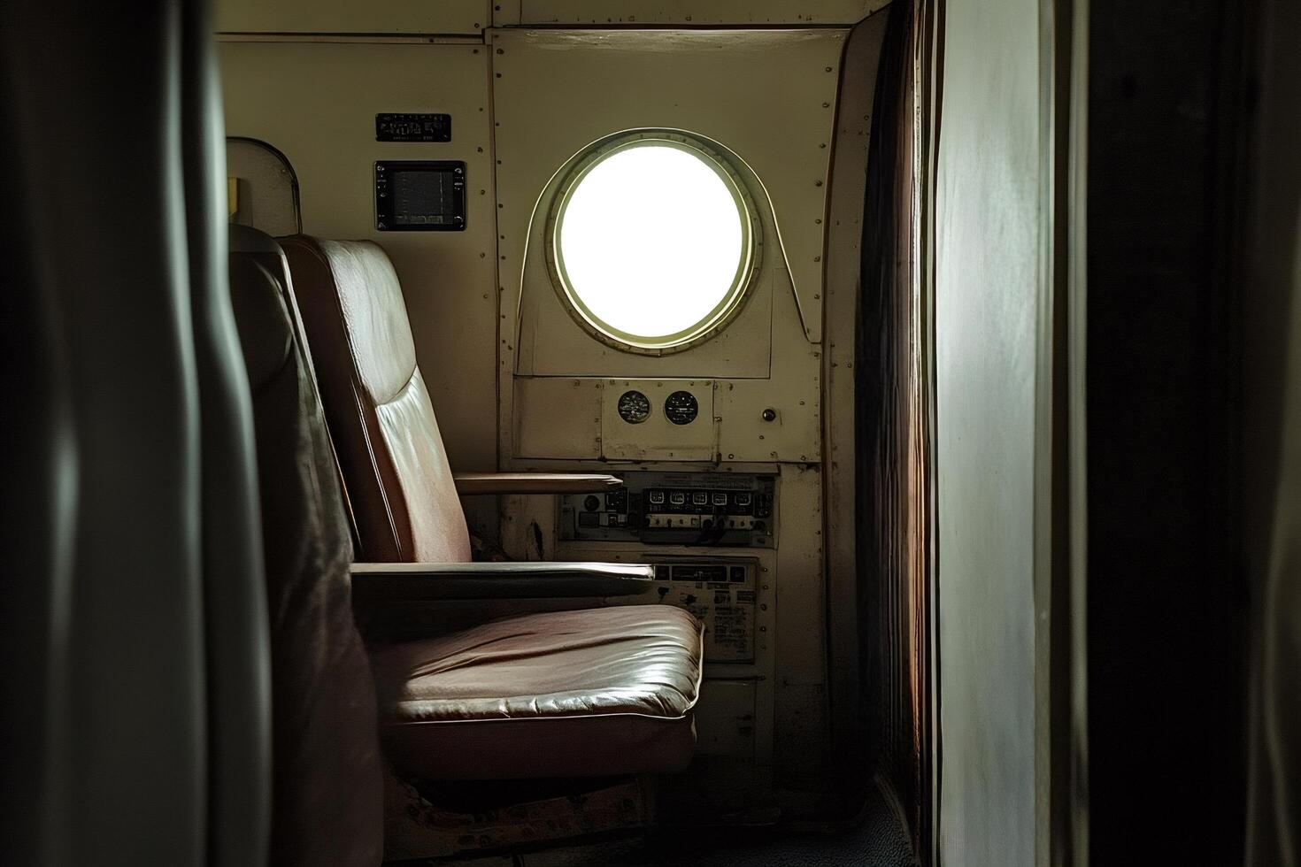 Empty passenger seat by the window of an old airplane photo
