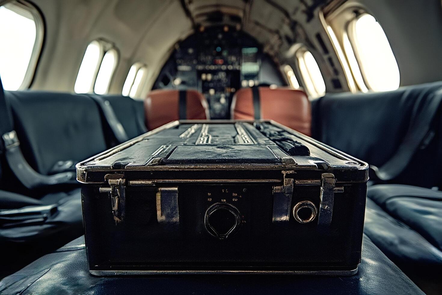 Vintage black box sits on seat inside airplane cabin photo