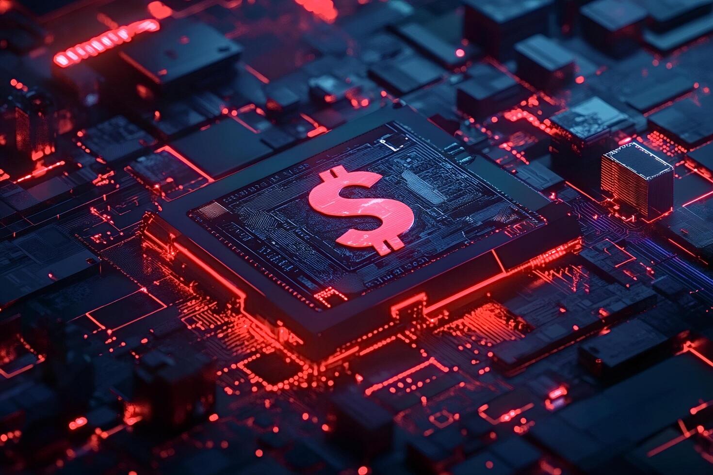 Dollar sign glowing on computer processor showing fintech innovation photo