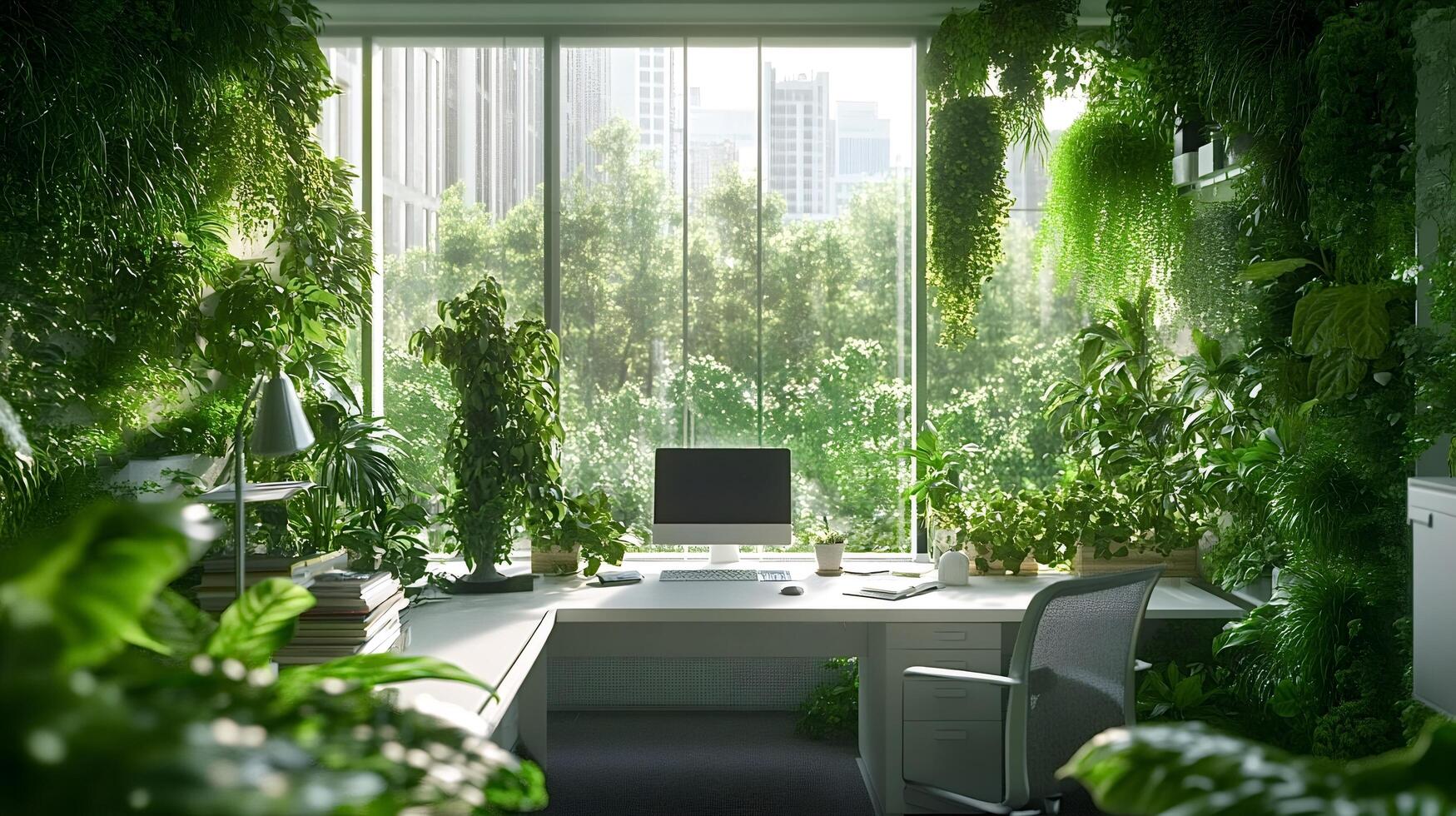 Modern office interior design with biophilic concept integrating nature photo