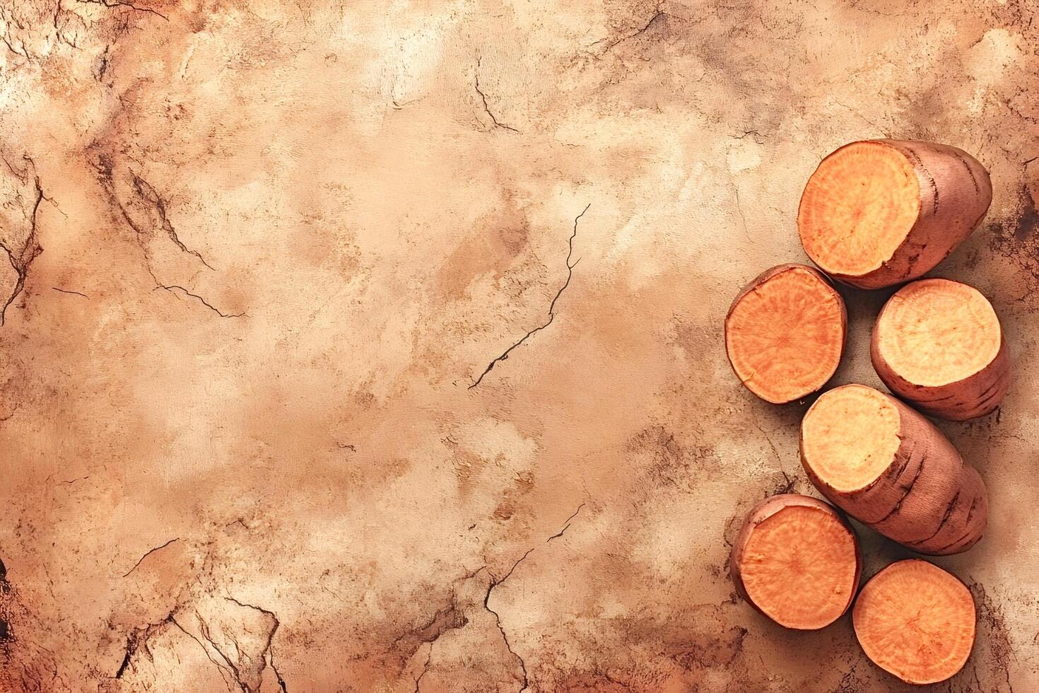Sliced sweet potatoes on rustic background with copy space photo