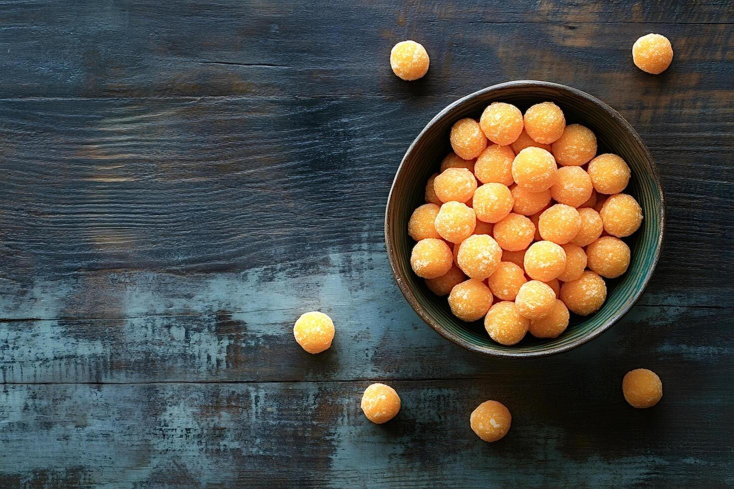 Bowl of sweet orange candies resting on rustic wooden table photo