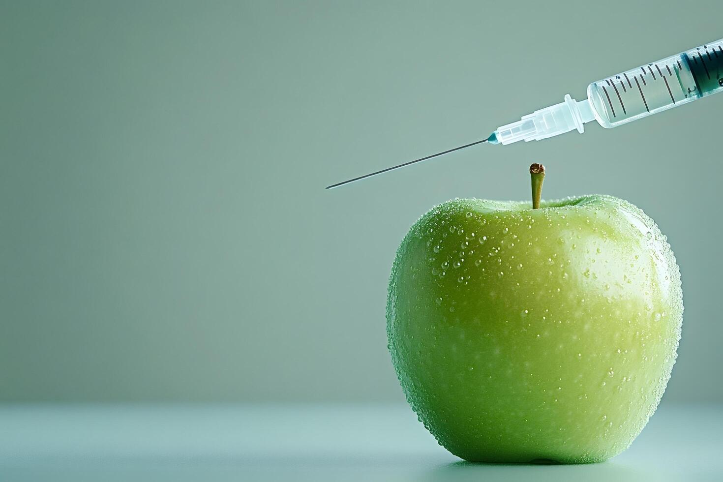 Syringe injecting green apple with water drops on smooth surface photo