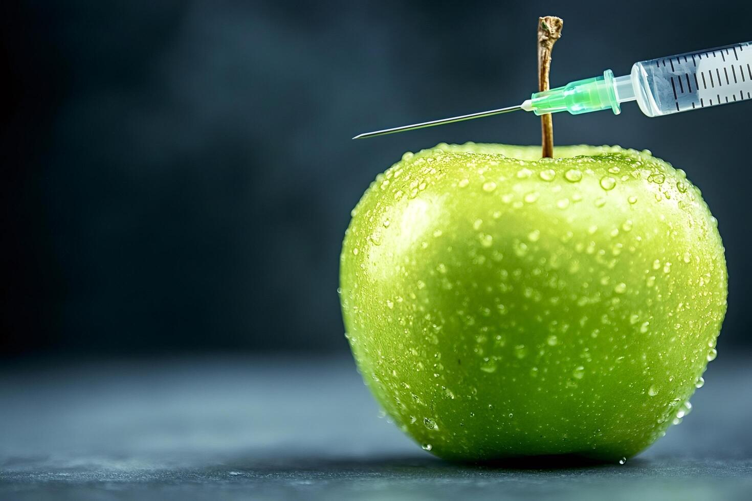 Syringe injecting green apple with water drops on dark background photo
